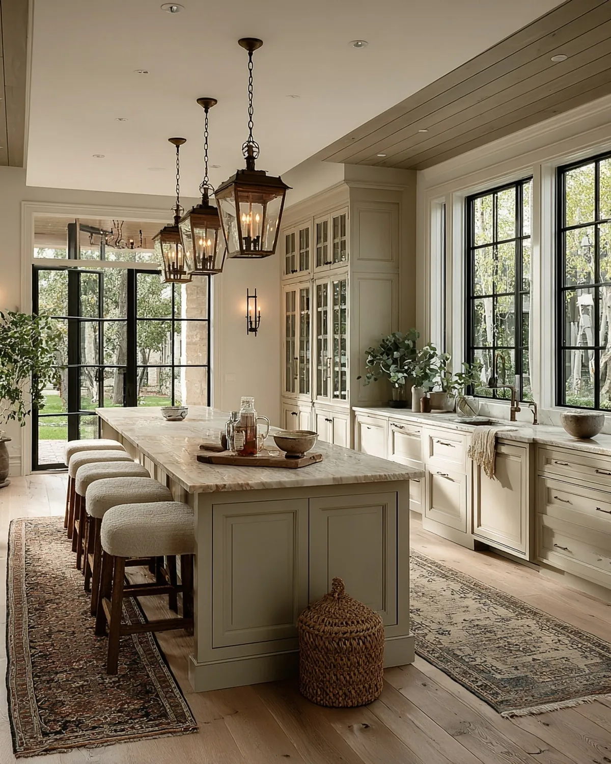 Kitchen island with two pendants centered above it