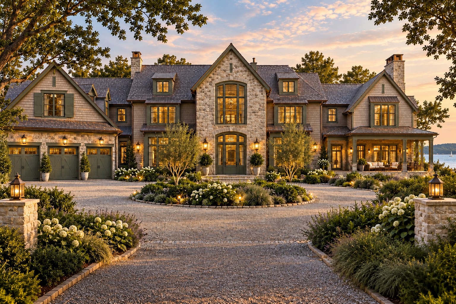 Bar Harbor — the largest home in the collection, a grand American coastal estate with expanded cedar-shingle wings flanking a central fieldstone gable, multiple dormers, two stone chimneys, a three-car garage and a covered porch, approached across a broad gravel motor court