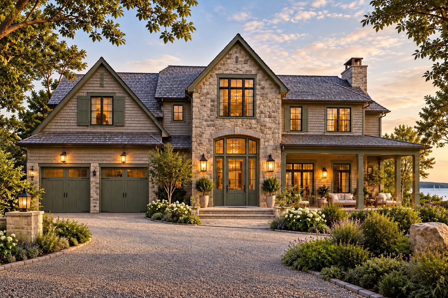 Bristol — a mid-scale American coastal estate combining fieldstone and weathered cedar shingle, with an arched entry, a tall divided-light window above, mineral green shutters, layered gables, a stone chimney and a covered veranda overlooking the water