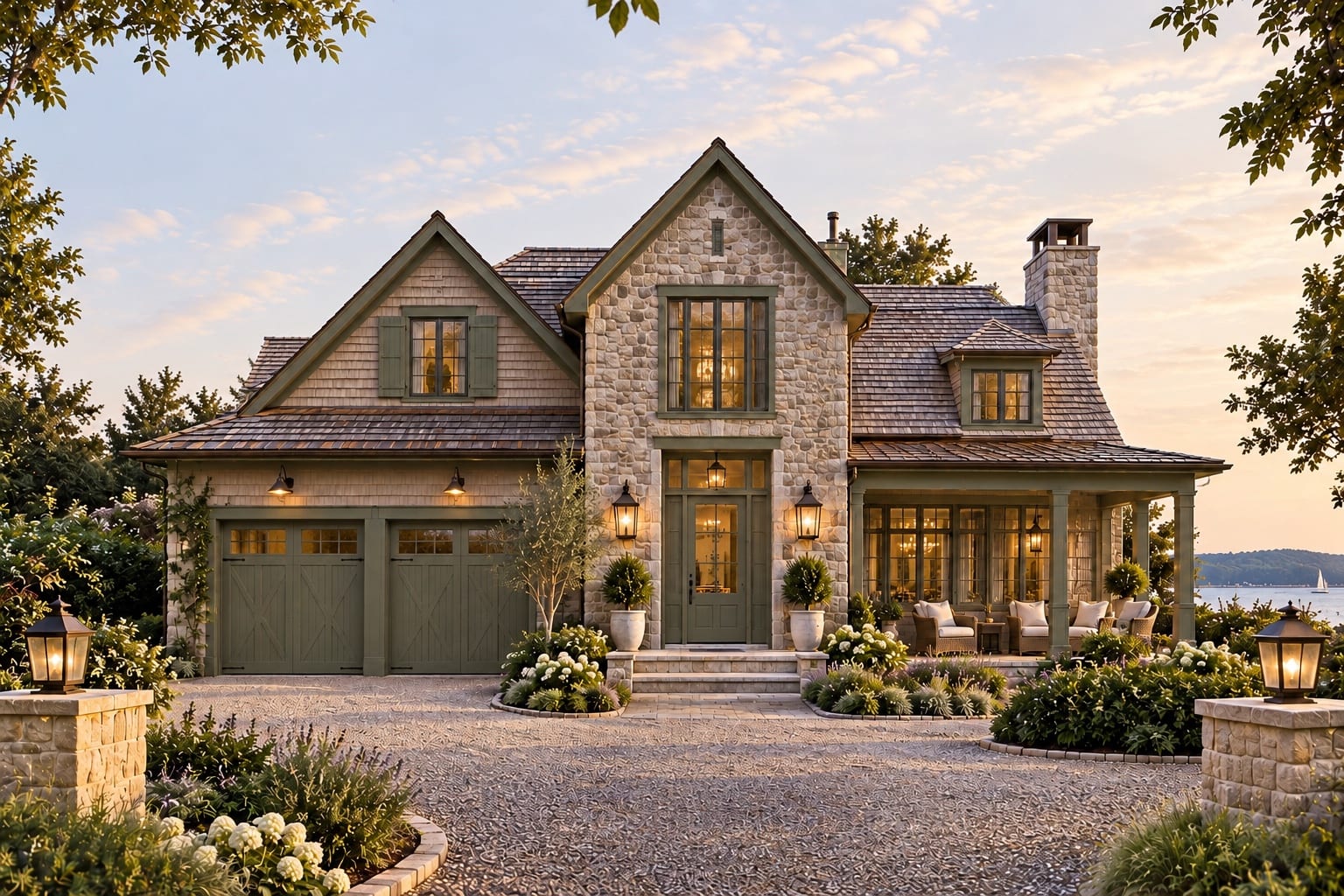 Camden — a compact American coastal home in fieldstone and weathered cedar shingle, with mineral green shutters and garage doors, a steep central gable, copper-toned roofing, a stone chimney and a covered porch, approached across a gravel motor court planted with hydrangeas