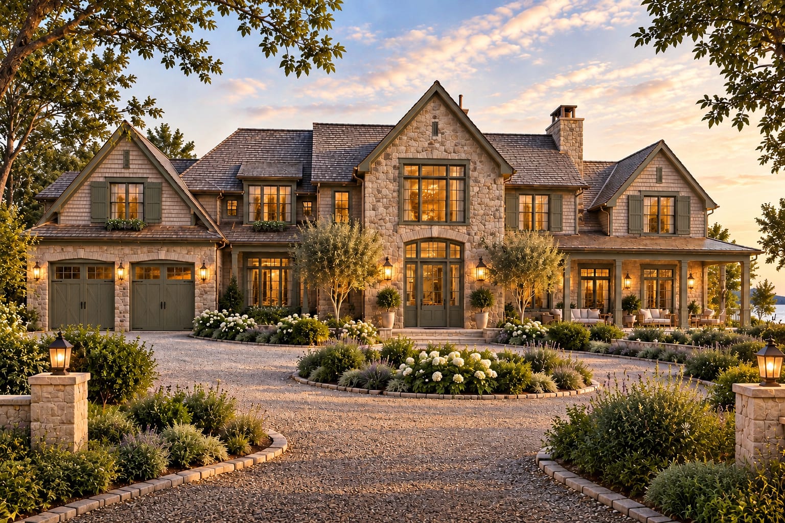 Sagamore — a substantial family-scale coastal estate with a broad fieldstone and cedar-shingle façade, central arched stone entry, mineral green shutters, layered gables and dormers, and a long covered veranda, set behind a circular gravel drive planted with hydrangeas and lavender
