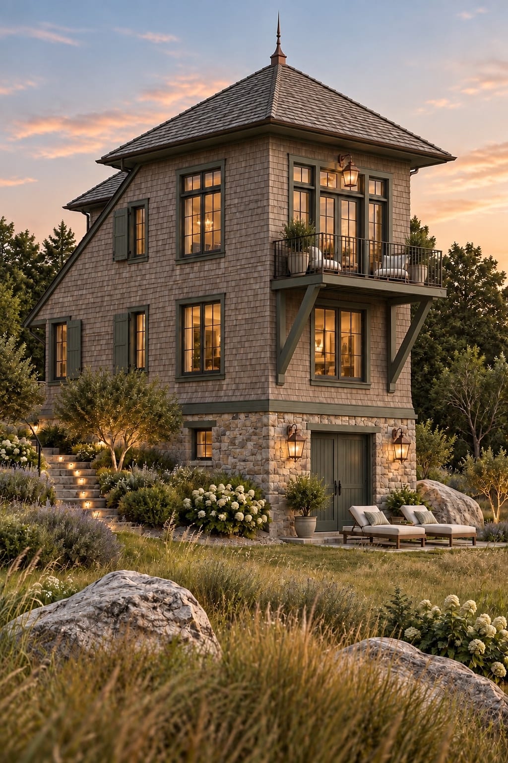 Watch Hill — a three-level coastal shingle house rising from a natural fieldstone lower level, with a steep hipped cedar-shingle roof, mineral green shutters and trim, and a timber-bracketed balcony, set among rock outcrops, coastal grasses and hydrangeas