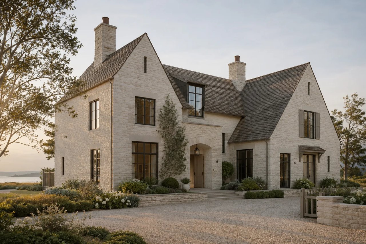A pale stone European-influenced estate with steep roof forms and a gravel forecourt, water visible in the distance