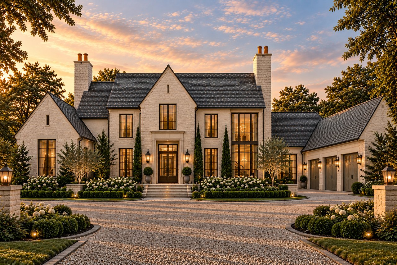 A cream stone estate with steep gabled roofs, tall black-framed windows and a three-car garage wing, seen across a cobbled motor court at sunset